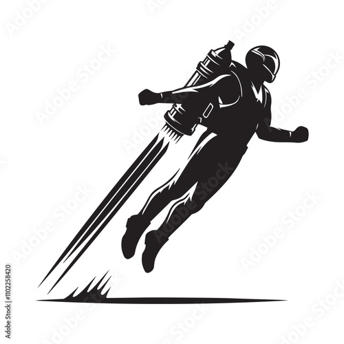  Figure flying a jetpack silhouette vector art black color design and solid white background