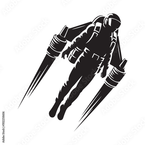  Figure flying a jetpack silhouette vector art black color design and solid white background