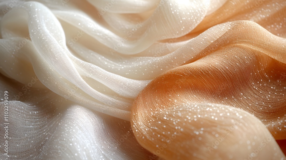 Obraz premium Flowing fabrics in soft cream and peach tones, enhanced with delicate shimmering accents. The fine, gauzy texture and gentle folds create an elegant and ethereal composition.