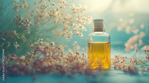 Ethereal Perfume Bottle with Delicate Wildflowers for Aromatherapy and Spa Concepts. Generative ai