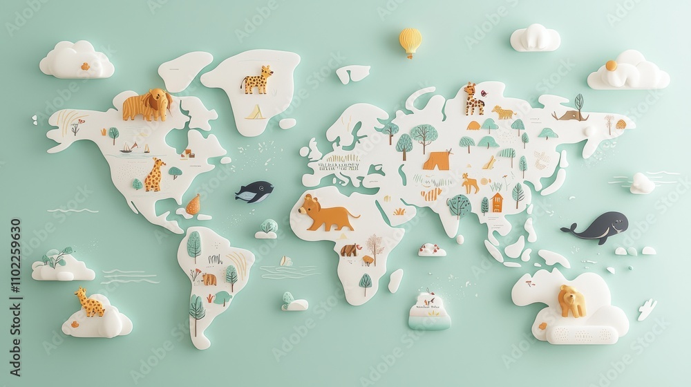 A whimsical world map drawn in a children's book style, with cartoon animals and playful illustrations. A whimsical world map drawn in a children's book style, with cartoon animals and playful illustrations.