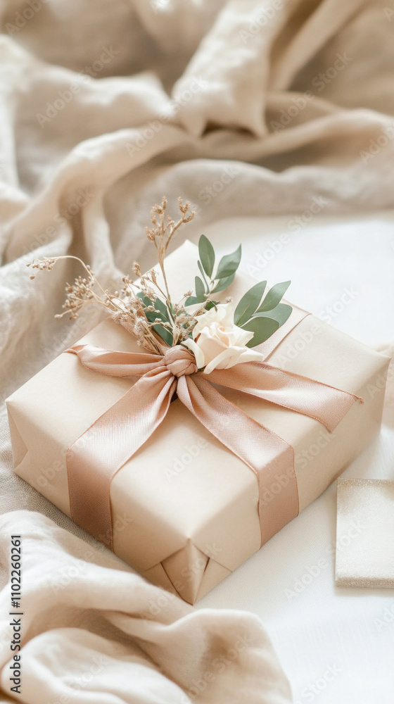 Festive gift wrapped in elegant paper and decorated with delicate flowers Festive gift wrapped in elegant paper and decorated with delicate flowers