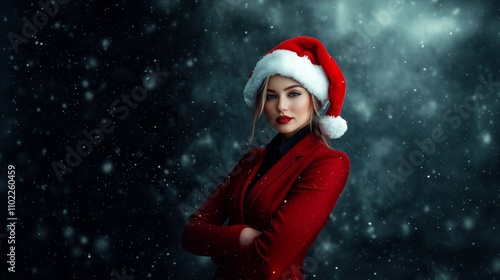 Businesswoman in Santa Claus hat in office. New Year background. Merry Christmas greetings.