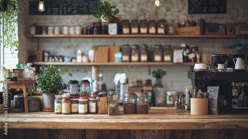 Cozy coffee shop counter with rustic decor