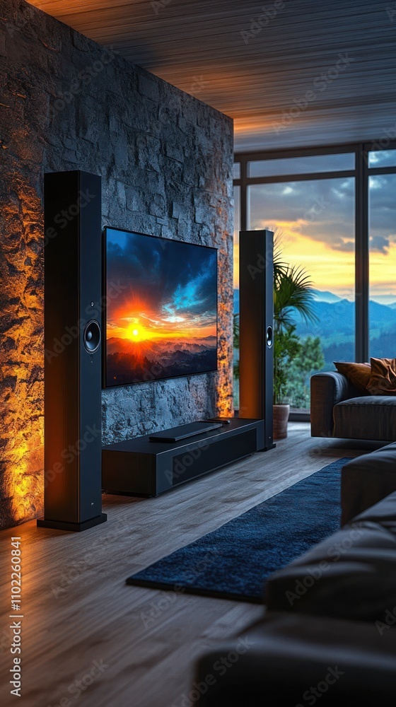 Modern Home Theater System With Sunset View Modern Home Theater System With Sunset View