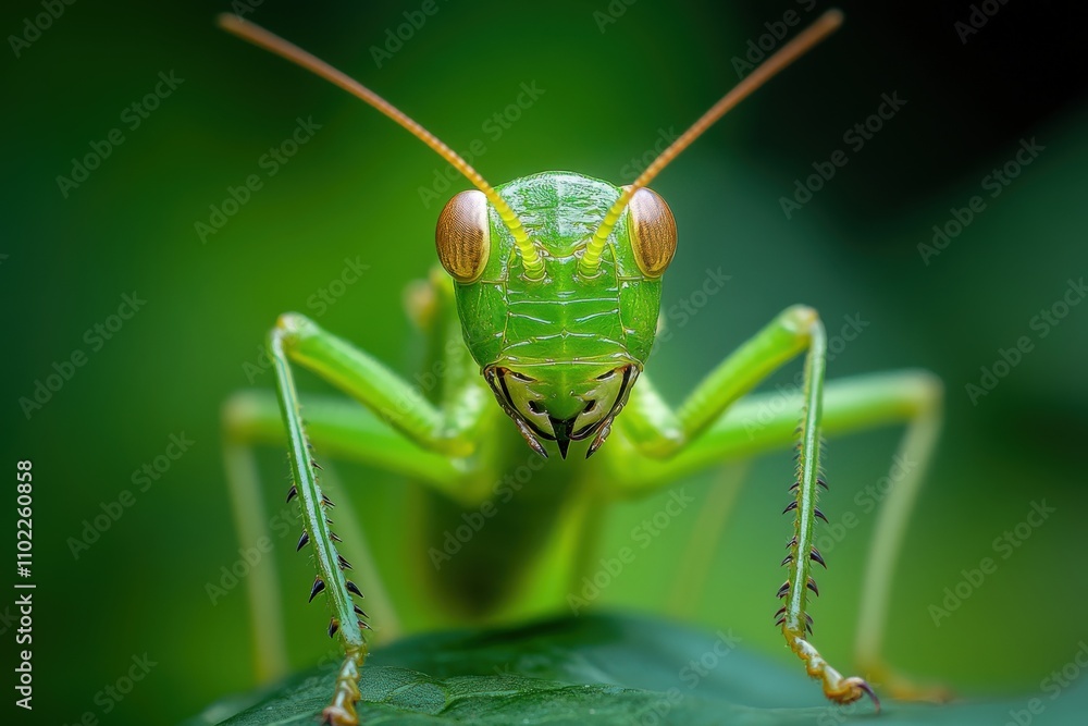 Katydid Closeup: Large Green Grasshopper Singing Isolated on White Background Katydid Closeup: Large Green Grasshopper Singing Isolated on White Background