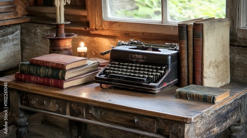 Vintage Typewriter and Books in Rustic Cabin