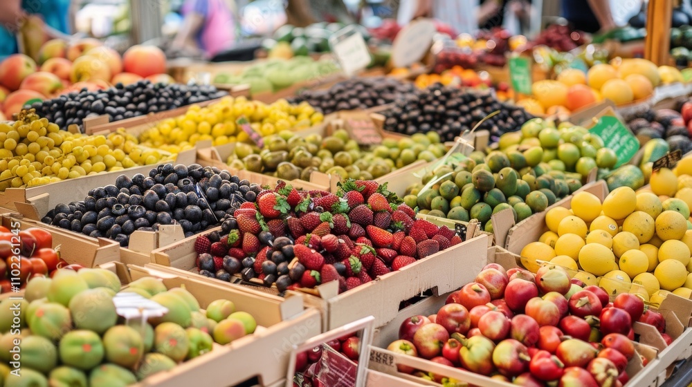 Vibrant fruit market display with fresh produce Vibrant fruit market display with fresh produce