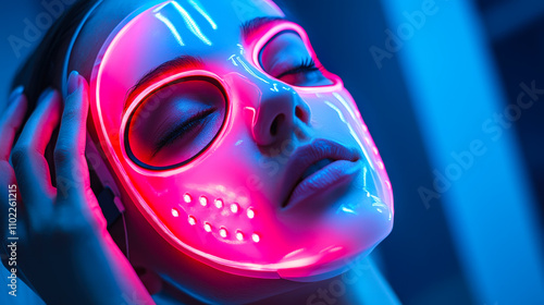 Woman enjoys a rejuvenating treatment while wearing a glowing neon led mask in a calming environment photo