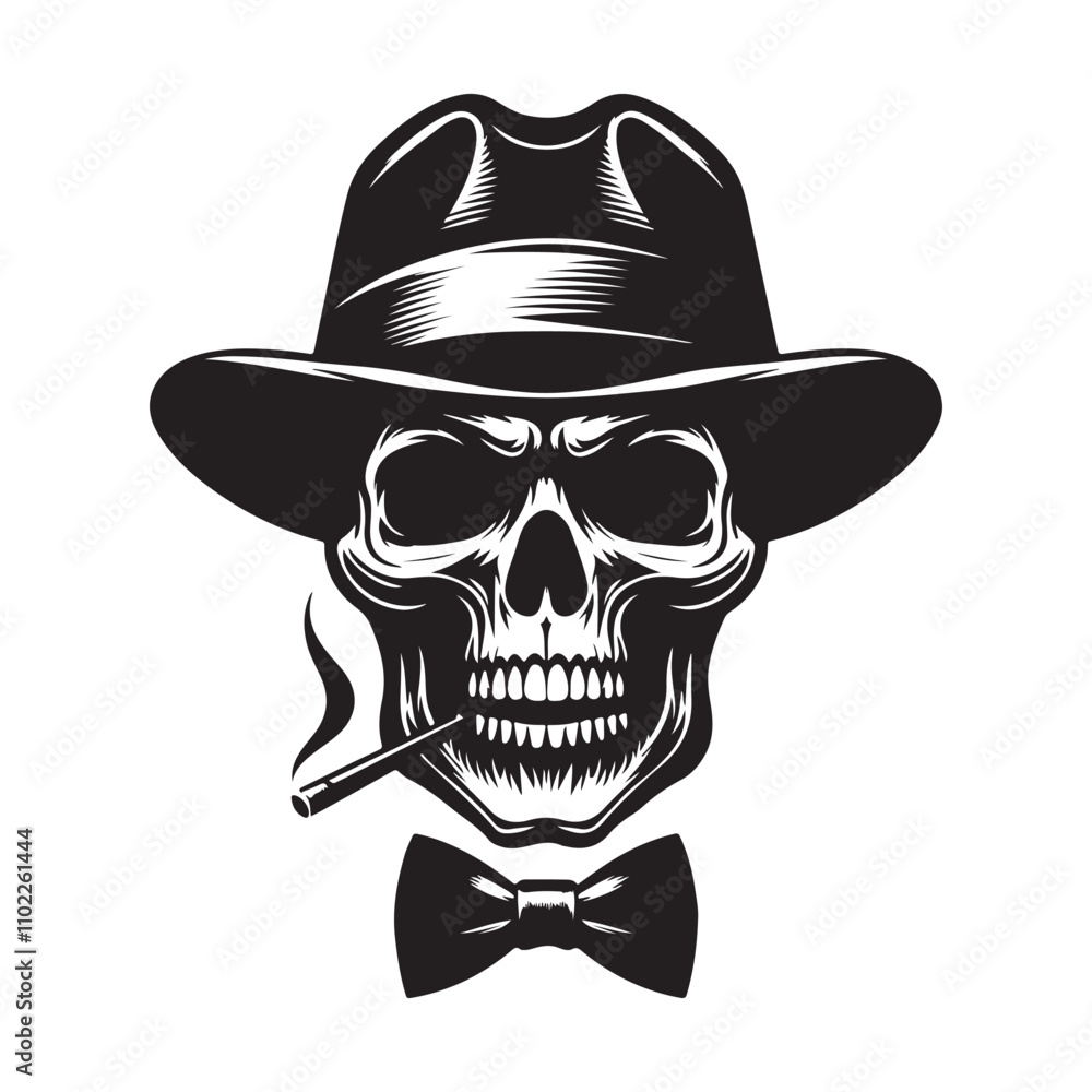Scary skull wearing a hat silhouette vector art black color design and solid white background Scary skull wearing a hat silhouette vector art black color design and solid white background