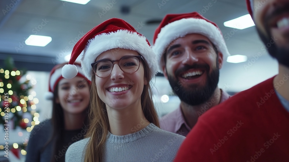 Office workers in Santa Claus's hats in the office. New Year's background. Merry Christmas greetings. The team is working. Corporate. Office workers in Santa Claus's hats in the office. New Year's background. Merry Christmas greetings. The team is working. Corporate.