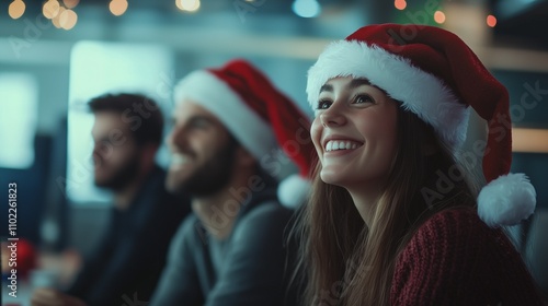 Office workers in Santa Claus's hats in the office. New Year's background. Merry Christmas greetings. The team is working. Corporate.