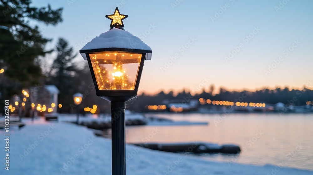 A snow-covered lamp post with a star atop illuminates a serene lakeside scene at dusk, surrounded by snowy landscapes and twinkling lights. A snow-covered lamp post with a star atop illuminates a serene lakeside scene at dusk, surrounded by snowy landscapes and twinkling lights.