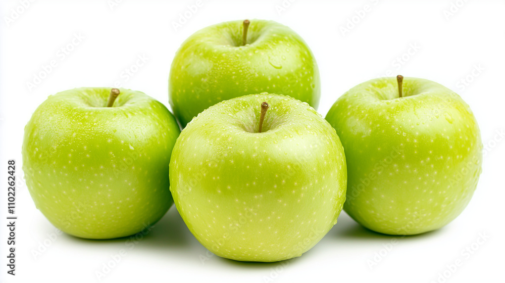 Fresh Green Apples with Dewdrops on White Background Fresh Green Apples with Dewdrops on White Background