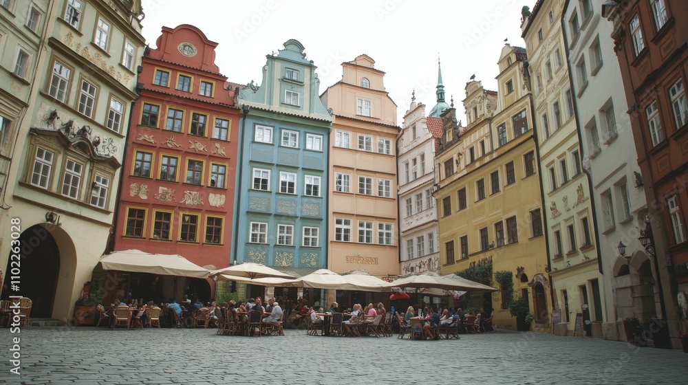 Obraz premium Charming Old Town Square with Colorful Historic Buildings and Outdoor Cafes