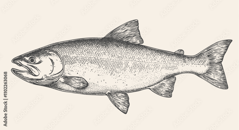 Salmon fish, seafood, sketch. Vintage retro print, seafood salmon fish sketch, sea life, ink pencil style drawing engrave old school sketch, hand drawn. Sketch artwork salmon fish. Vector Illustration