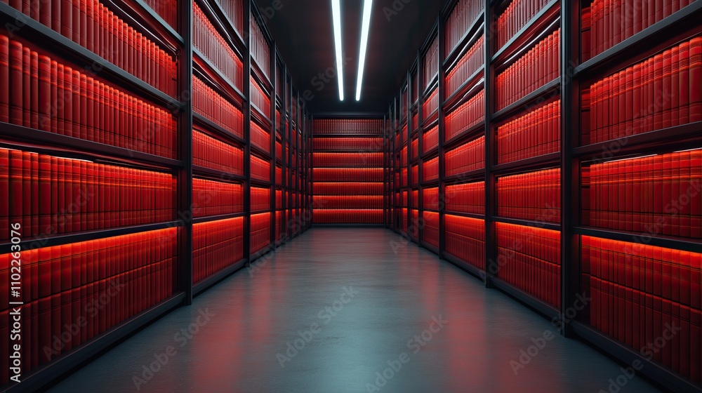 Fototapeta premium A dimly lit corridor lined with red shelves filled with books, creating a futuristic and mysterious atmosphere.
