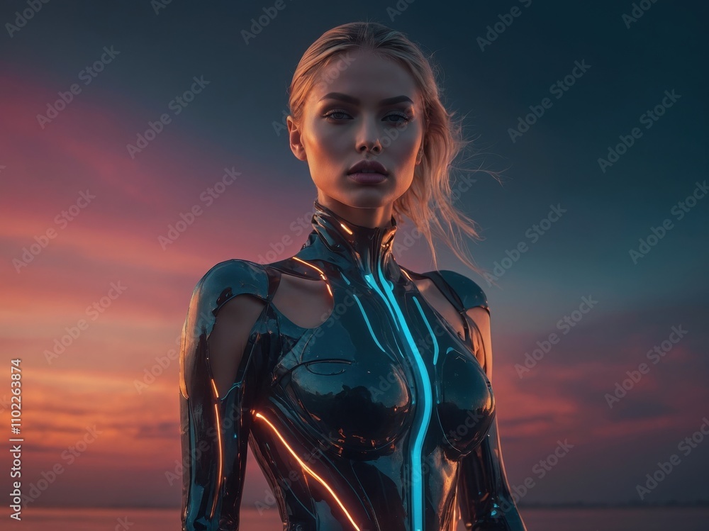 Obraz premium A surreal scene featuring a woman with impossible, dream-like features, blending reality and fantasy in an otherworldly, imaginative setting