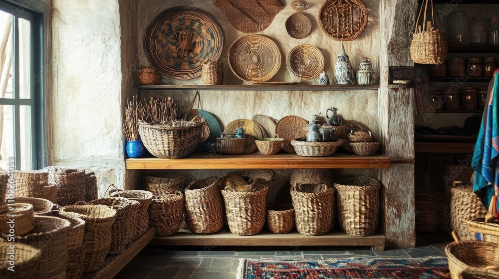 Traditional Crafts Display of Woven Baskets and Pottery Items Traditional Crafts Display of Woven Baskets and Pottery Items