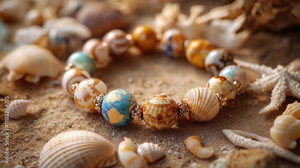 Colorful Beach Bracelet with Seashells and Starfish on Sand Colorful Beach Bracelet with Seashells and Starfish on Sand