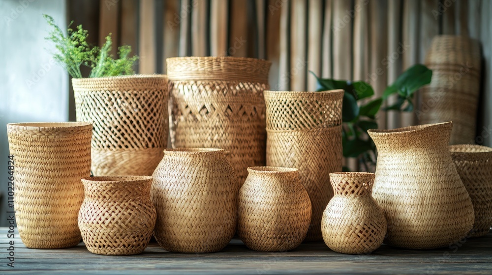 Natural Handmade Woven Baskets Arrangement on Wooden Surface Natural Handmade Woven Baskets Arrangement on Wooden Surface