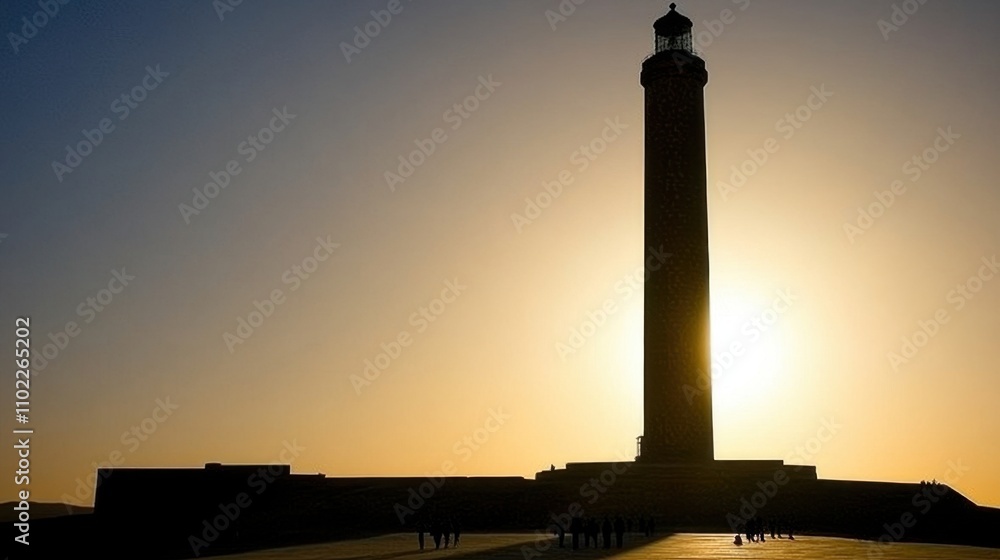 Obraz premium Majestic Lighthouse Silhouetted Against a Breathtaking Sunset Landscape