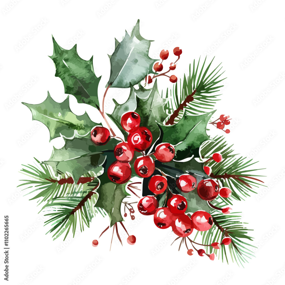 Watercolor Christmas Holly berry branch with red berries and green ...