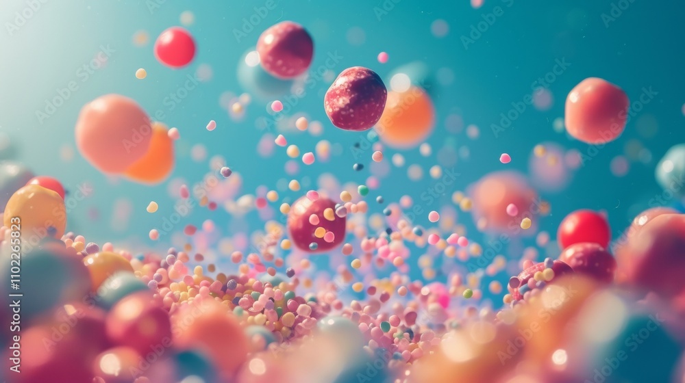 Floating colorful candies against a bright blue background Floating colorful candies against a bright blue background