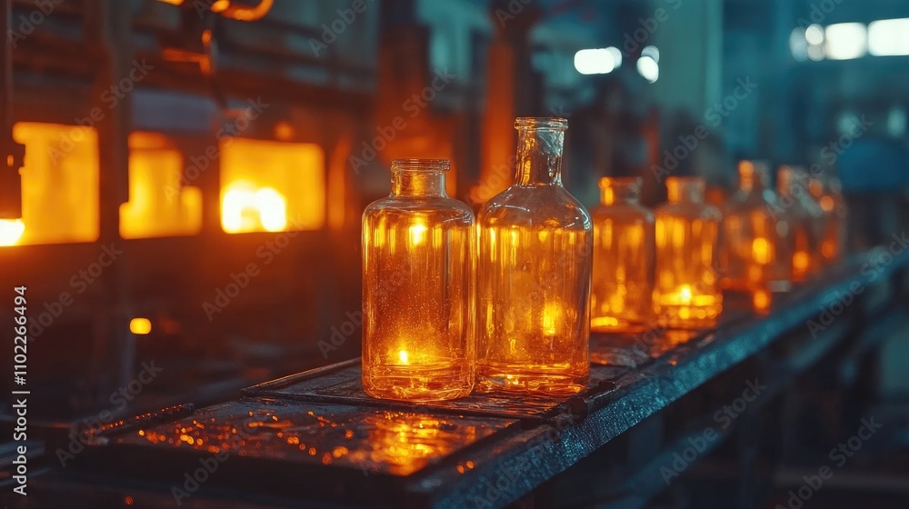 Glowing Glass Bottles on Production Line in a Modern Factory Glowing Glass Bottles on Production Line in a Modern Factory