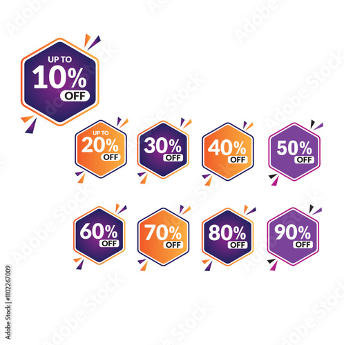 Sale tags set vector badges template, up to 10, 20, 90, 80, 30, 40, 50, 60, 70 percent off, vector illustracion.