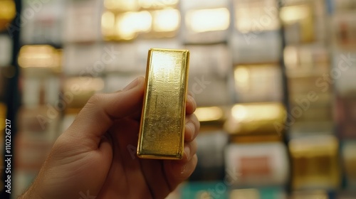 Hand Holding Gold Bar Against Background of Gold Assets and Products photo