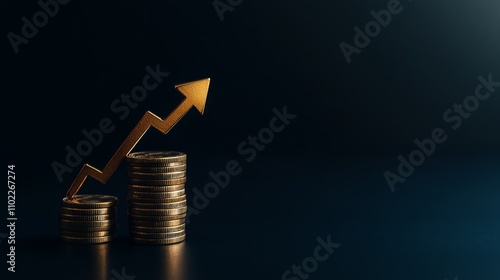 Golden upward arrow is rising above growing stacks of coins on a dark background, representing increasing profits, financial success, and economic growth photo