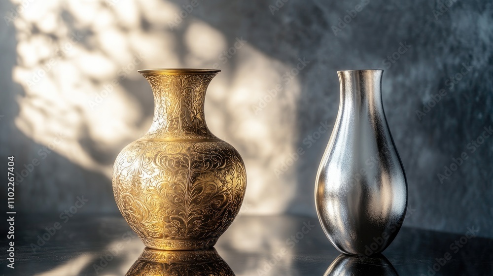 Elegant Gold and Silver Vases with Light and Shadow Play Elegant Gold and Silver Vases with Light and Shadow Play