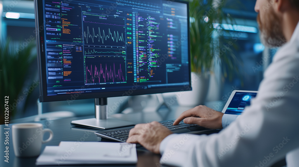 Medical Coder Working at Modern Office Desk with Monitor Displaying Codes Medical Coder Working at Modern Office Desk with Monitor Displaying Codes