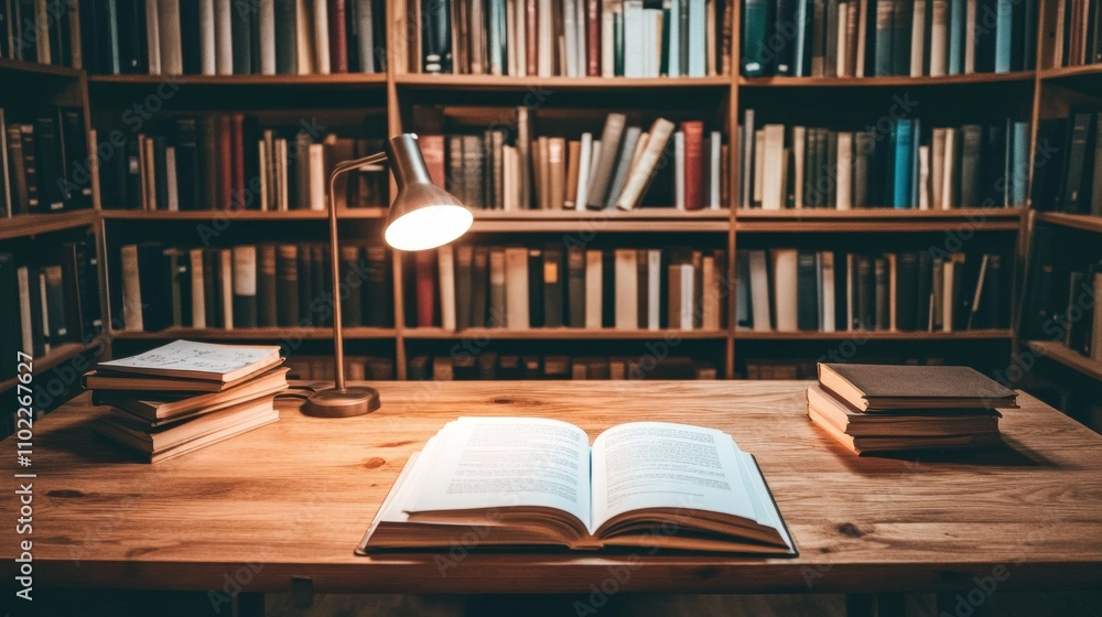 Cozy Library Interior with Bookshelves and Open Book on Wooden Desk Cozy Library Interior with Bookshelves and Open Book on Wooden Desk
