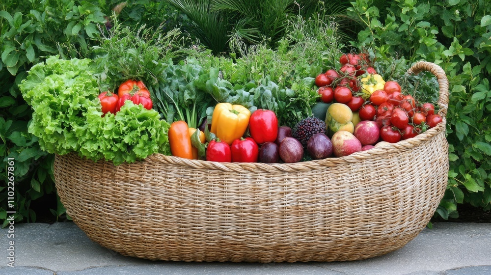 Fresh Organic Vegetables and Fruits in Woven Basket Display Fresh Organic Vegetables and Fruits in Woven Basket Display