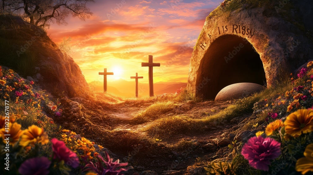 Jesus' empty tomb glows softly, with