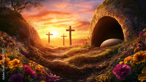 Jesus' empty tomb glows softly, with 