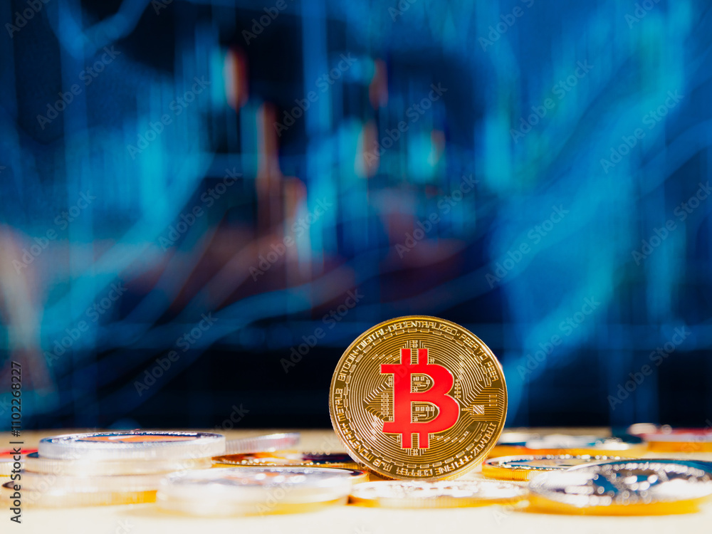 Bitcoin coin against a blurred blue background with financial graphs and stock exchange charts. Other coins are scattered around it. finance and investment on decentralized crypto market.