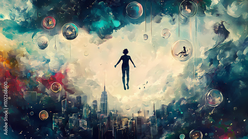 Create a surrealistic painting of a person floating above a cityscape, with dream bubbles showing scenes of surreal and fantastical events. surreal. illustration. Phantasmagoric. Illustration photo