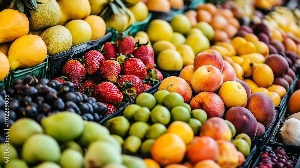 Vibrant assortment of fruits at a bustling local market.
Vibrant assortment of fruits at a bustling local market.