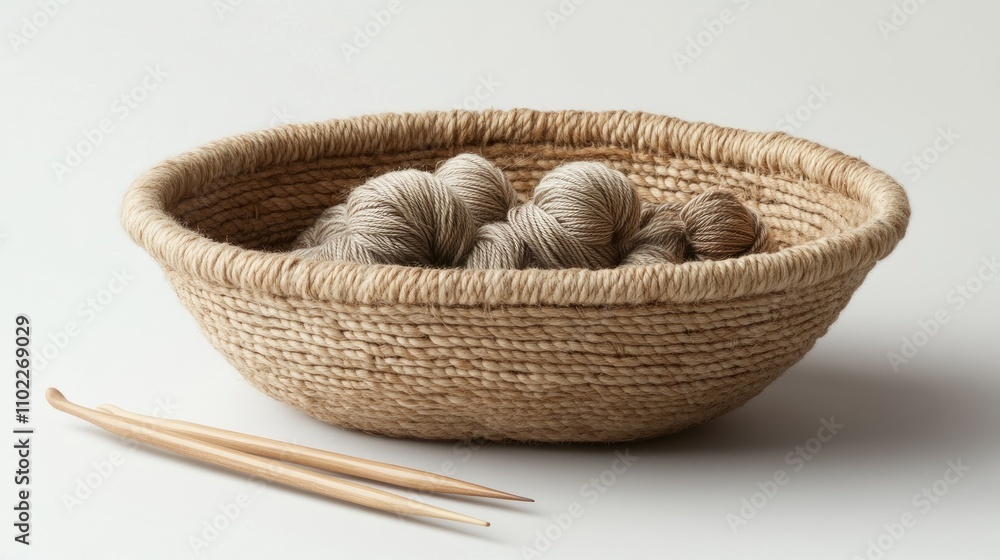 Natural Fiber Basket with Soft Yarn and Knitting Needles on White Background Natural Fiber Basket with Soft Yarn and Knitting Needles on White Background