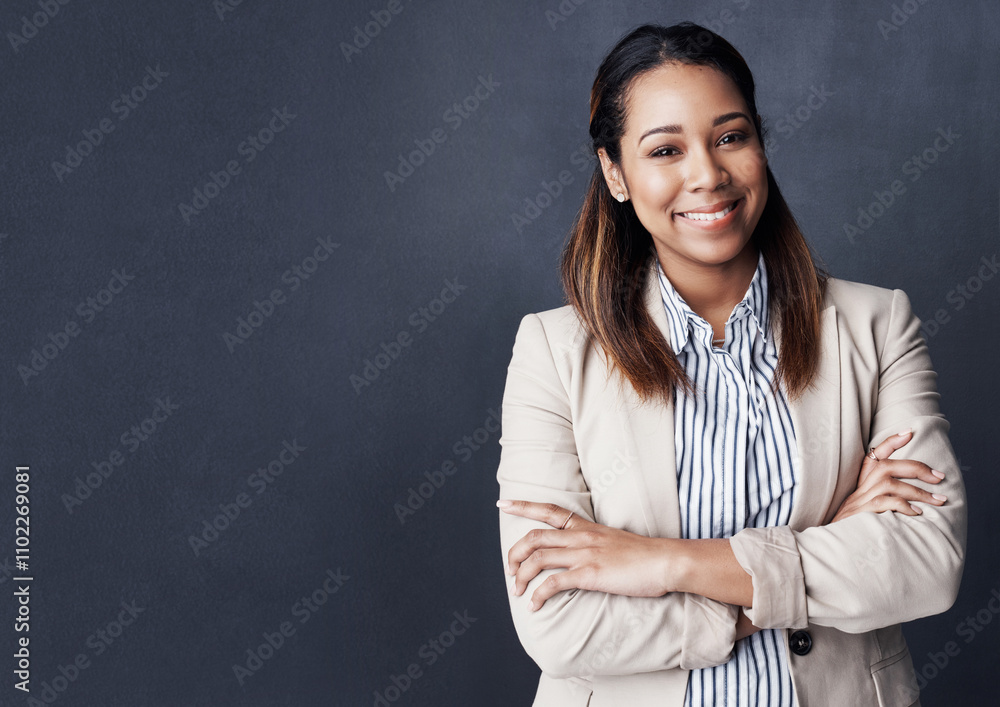 Studio, businesswoman and attorney in portrait with arms crossed, justice mission or smile with pride. Mockup space, female person or lawyer with confidence for court case, project or dark background Studio, businesswoman and attorney in portrait with arms crossed, justice mission or smile with pride. Mockup space, female person or lawyer with confidence for court case, project or dark background