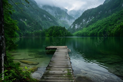 wooden bridge over lake with green mountains and vlue sky photo