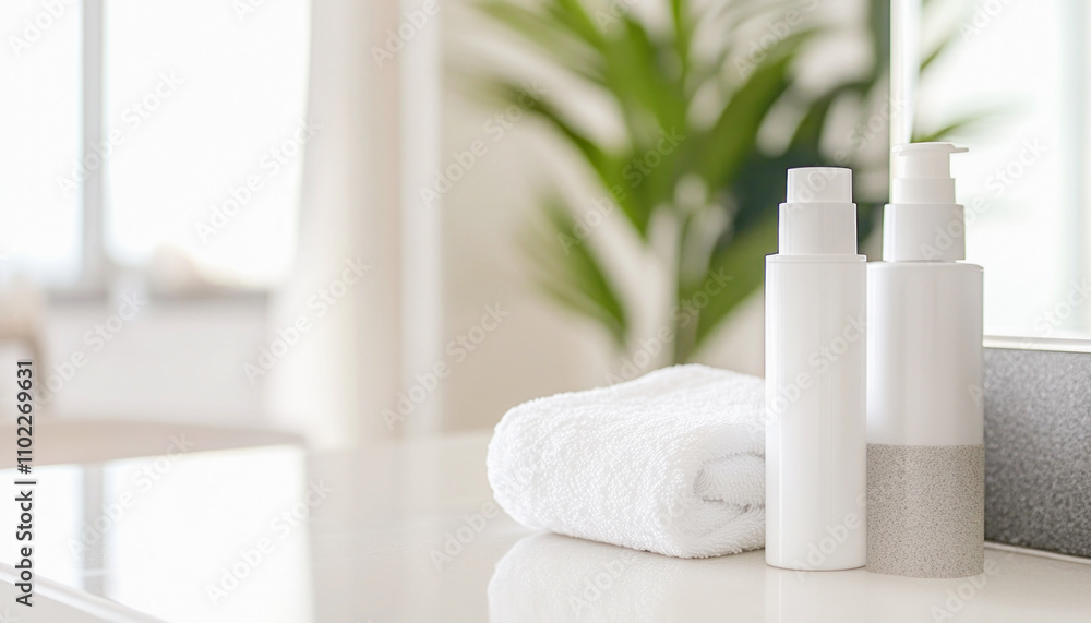 White cosmetic bottles and towel sitting on bathroom counter White cosmetic bottles and towel sitting on bathroom counter
