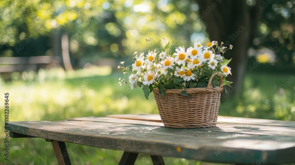 Fresh White Daisies in Woven Basket on Rustic Wood Table Outdoors Fresh White Daisies in Woven Basket on Rustic Wood Table Outdoors