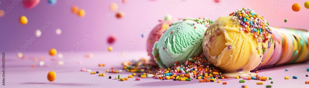 Bright yellow and green ice cream with sprinkles on a pale purple backdrop, lively and colorful Bright yellow and green ice cream with sprinkles on a pale purple backdrop, lively and colorful