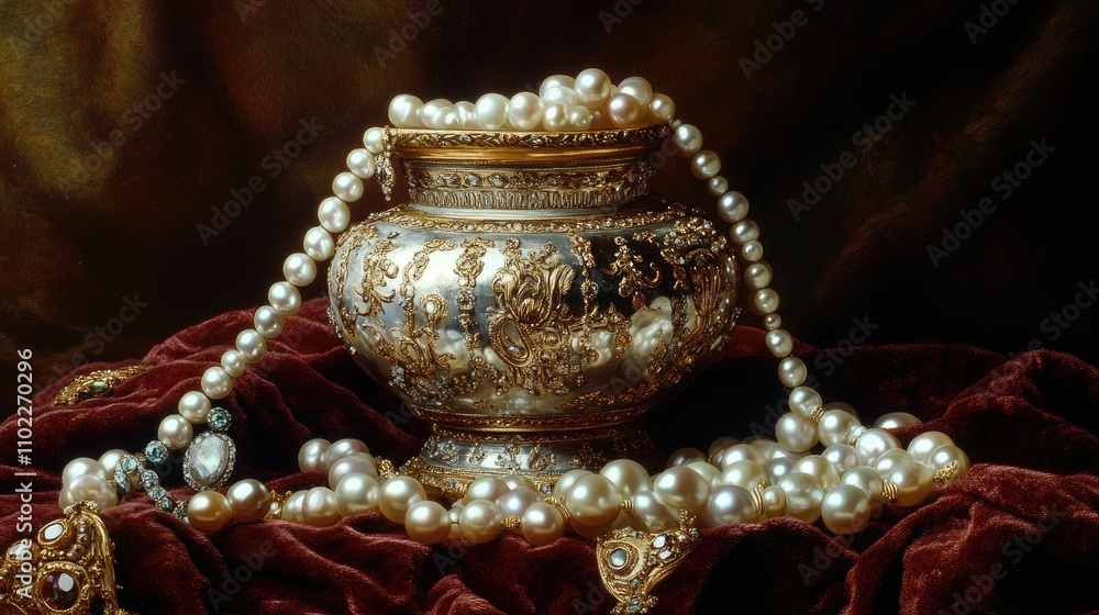 Elegant Silver Bowl Adorned with Pearls on Luxurious Fabric Background Elegant Silver Bowl Adorned with Pearls on Luxurious Fabric Background