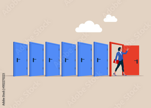 Business woman works six days in week, a workaholic without holidays. For entrance, home, exit, challenge, opportunity concept. Modern vector illustration in flat style