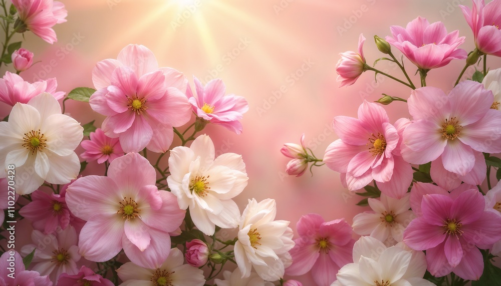 Pink and white flowers with soft light and space for text Pink and white flowers with soft light and space for text
